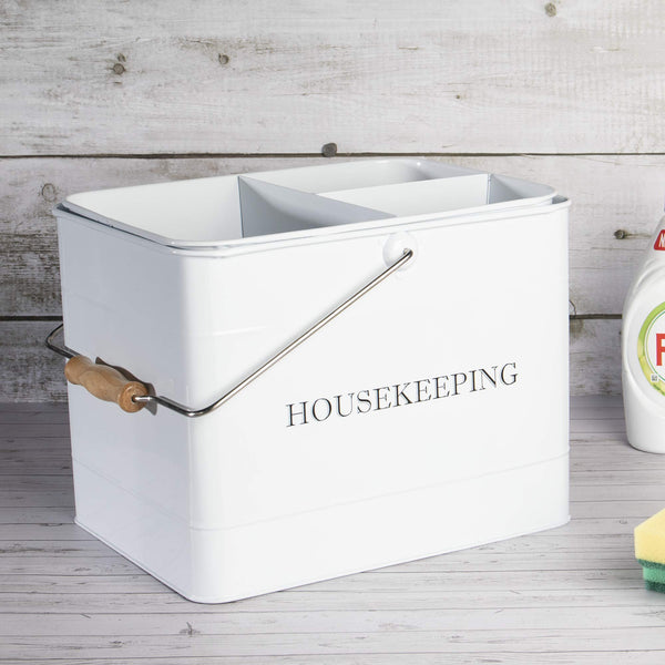 Vintage Housekeeping Caddy in White | Cleaning Basket Tray | Storage Basket with Handle | House Cleaning Caddy | Retro Design | M&W