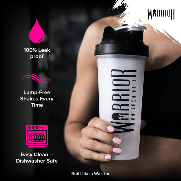 Warrior Protein Shaker Bottle, 600ml with Wire Mixball Blender – Leakproof Clear Gym Bottle for Mixing Whey Protein Shake, Smoothies, Milkshake, Juice, Supplement Drinks – BPA Free, Dishwasher Safe