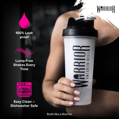 Warrior Protein Shaker Bottle, 600ml with Wire Mixball Blender – Leakproof Clear Gym Bottle for Mixing Whey Protein Shake, Smoothies, Milkshake, Juice, Supplement Drinks – BPA Free, Dishwasher Safe