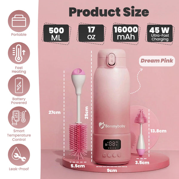 PRO Smart Portable Baby Bottle Warmer for Milk & Water Cozy Care | 500ml Large Capacity | 16,000mAh Long Lasting Power | 45W Ultra-Fast Charging | Precise Heating | Deep Cleaning Brush | Dream Pink