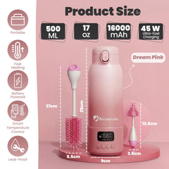 PRO Smart Portable Baby Bottle Warmer for Milk & Water Cozy Care | 500ml Large Capacity | 16,000mAh Long Lasting Power | 45W Ultra-Fast Charging | Precise Heating | Deep Cleaning Brush | Dream Pink