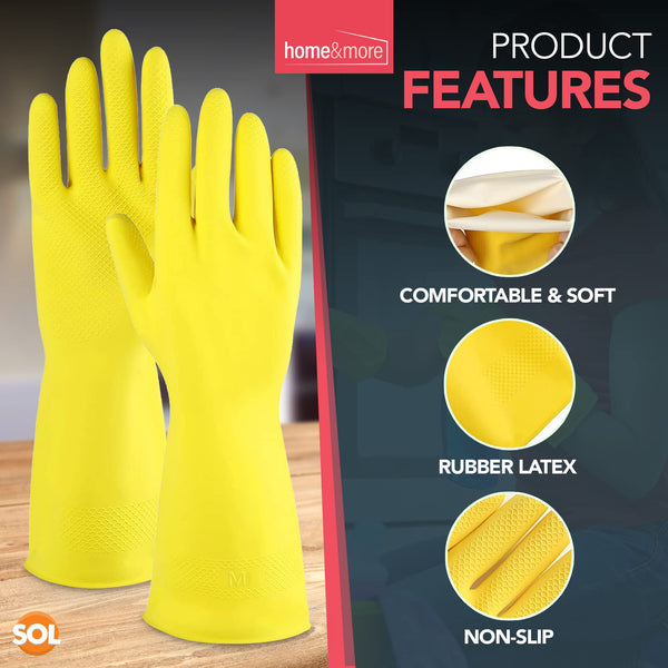 SOL 4 Pairs Household Rubber Gloves Medium | Yellow Medium Gloves | Washing Up Gloves Medium | Non Slip Cleaning Gloves | Bathroom and Kitchen Gloves | Dishwashing Gloves | Heavy Duty Rubber Gloves