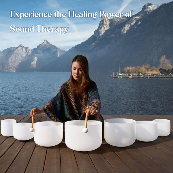CVNC 432HZ 7-12 Inch Set of 7 Pcs Frosted Quartz Crystal Singing Bowls Set with 2 Pcs Carry Case Bags for Sound Healing Meditation