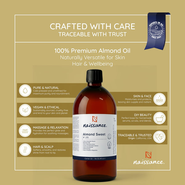 Naissance Sweet Almond Oil (no. 215) 1 Litre – for Skin, Hair, Massage, Nails, Cuticles, Ears, Face, Body, Stretch Marks - Natural Skin Care, Carrier Oil for Aromatherapy