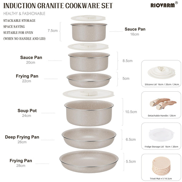 RIOVARM Induction Pots and Pans Set with Removable Handles, Non-Stick Granite Stackable Cookware Set with Silicone Lids, Space-Saving Pot & Pan Sets without PFOA, Frying Pan, Casseroles