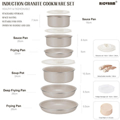 RIOVARM Induction Pots and Pans Set with Removable Handles, Non-Stick Granite Stackable Cookware Set with Silicone Lids, Space-Saving Pot & Pan Sets without PFOA, Frying Pan, Casseroles