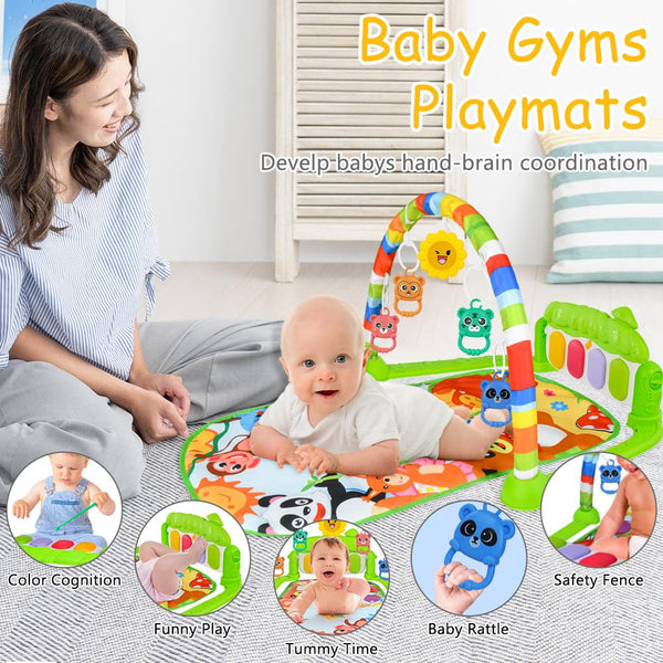 AOMIG Baby Play Mat, Baby Piano Gym with Music and Lights, Play Mat with Detachable Activity Toys, Early Development Activity Baby Play Mat Toy Gift for Babies