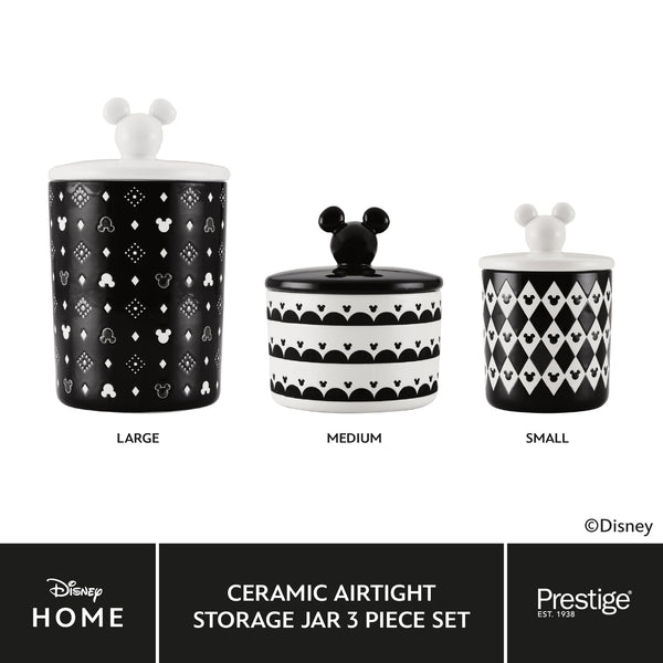 Prestige Disney Monochrome Mickey Mouse Kitchen Canisters Set of 3 - Airtight Ceramic Storage Jars With Lids, Black & White