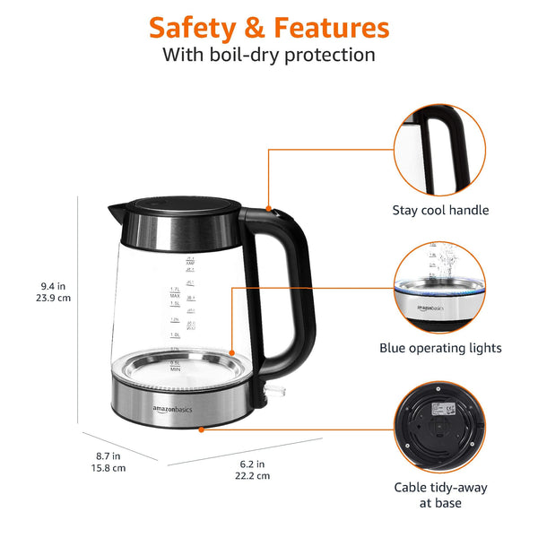 Amazon Basics Electric Glass Kettle, 1.7 Litres, Black, Silver