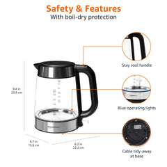 Amazon Basics Electric Glass Kettle, 1.7 Litres, Black, Silver