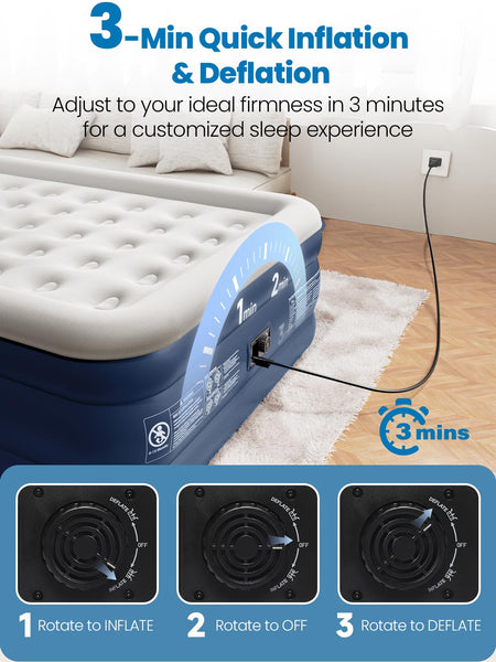 CHERIMOR Queen Air Bed, Anti-Leak Inflatable Mattress with Built-in Pump, 3 Mins Self-Inflation, 800 lbs Capacity Blow Up Camping Bed, Flocked Surface Inflatable Bed for Guests & Home, 203x152x46cm