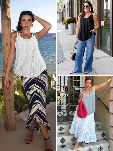 ATHMILE Womens Summer Tops Beach Vacation Sleeveless Spring Shirt Scoop Neck Sexy Loose Fit Casual Flowy Cami Trendy Boho Clothes White