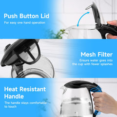 Aigostar Adam 30KHH Glass Electric Kettle, 2200W Fast Boil, 1.7L BPA-Free Water Boiler with LED Light, Auto Shut-Off & Boil-Dry Protection, Borosilicate Glass, Black