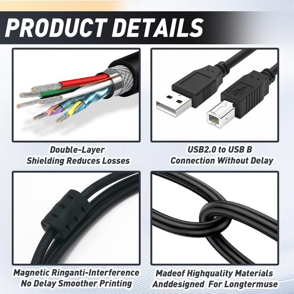 Printer Cable, 2M USB B MIDI Cable USB 2.0 A to B Lead Cord Compatible with Printers Scanners Digital Piano Midi Controller Keyboard Audio Interface Recording USB Microphone DSi/DSi XL/3DS/3DS