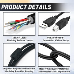 Printer Cable, 2M USB B MIDI Cable USB 2.0 A to B Lead Cord Compatible with Printers Scanners Digital Piano Midi Controller Keyboard Audio Interface Recording USB Microphone DSi/DSi XL/3DS/3DS