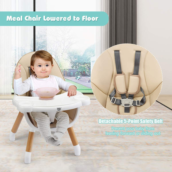 COSTWAY 4 in 1 Convertible High Chair, Multi-Functional Dining Highchair with Adjustable Legs, Detachable 4-Position Tray, 5-Point Seat Belt, Wooden Feeding Chair for Baby, Infants, Toddlers (Khaki)