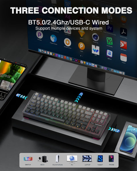AULA F87 Pro Wireless Mechanical Keyboard,Tri-Mode BT5.0/2.4GHz/USB-C Hot Swappable Custom Keyboard,Pre-lubed Switches,Side Printed PBT Keycaps,75% TKL RGB Backlit Gaming Keyboards