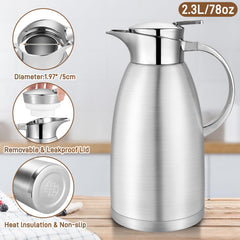 Osrioal 2.3L Thermal Coffee Carafe with Press Button Top, Stainless Steel Insulated Coffee Pot, Double-Walled Vacuum Jug, Thermal Jug Dispenser, for Hot and Cold Drinks, Silver
