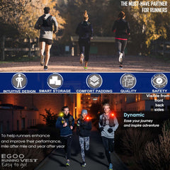 EGOO - LED Running Vest with Multi-Pockets for Men and Women, Lightweight Hydration Vest for Running & Outdoor Activities, Rechargeable LED Safety Light x2 + 500ml Soft Flask x1