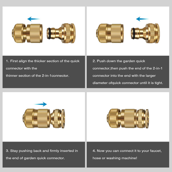 iBamso Garden Hose Connector, Solid Brass Garden Tap Connector, 1/2 Inch and 3/4 Inch 2-in-1 Faucet Connector, 1/2 Inch Quick Connect Garden Hose Fittings, Thread Easy Connect Faucet Adapter (4 Pack)
