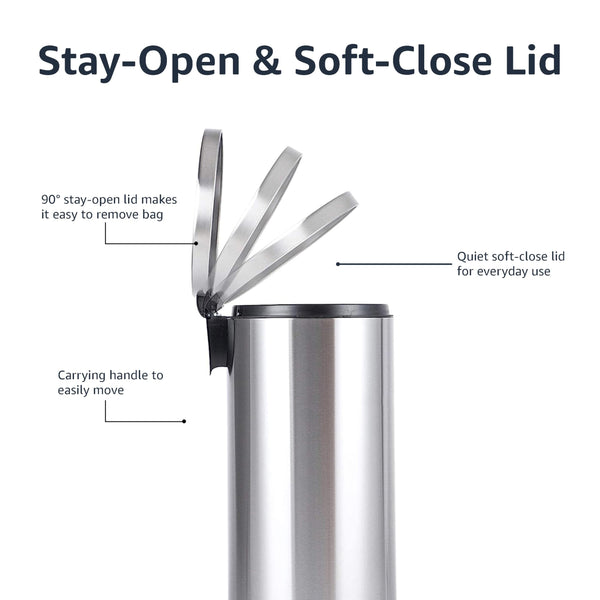 Amazon Basics Round Cylindrical Soft-Close Dustbin, 30 litre/7.9 gallon, Brushed Stainless Steel