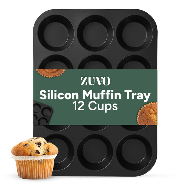 Zuvo Silicon Muffin Tray 12 Cups - Non Stick Black Baking Mold for Cupcakes and Brownies (23x31cm) - Perfect Baking Tray
