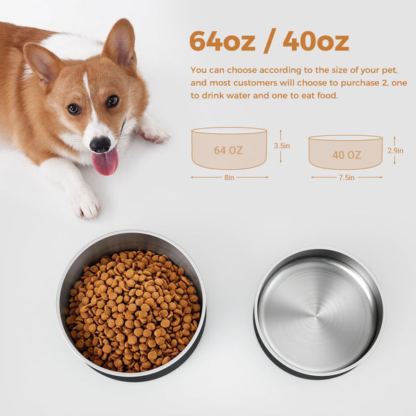 WENBOKMIN Dog Bowl, Stainless Steel Dog Food and Water Bowl with Non Slip Quiet Bottom, Easy to Clean, Dishwasher Safe, 64oz, Black