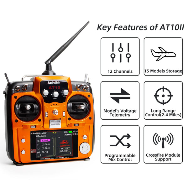 Radiolink AT10II 12 Channels RC Transmitter and R12DS Receiver Kit with PRM-01,Voltage Telemetry,2.4GHz Radio 4KM Remote Controller Receiver Kit for RC Airplane,Racing Drone,Helicopter,Car,Boat(Mode2)