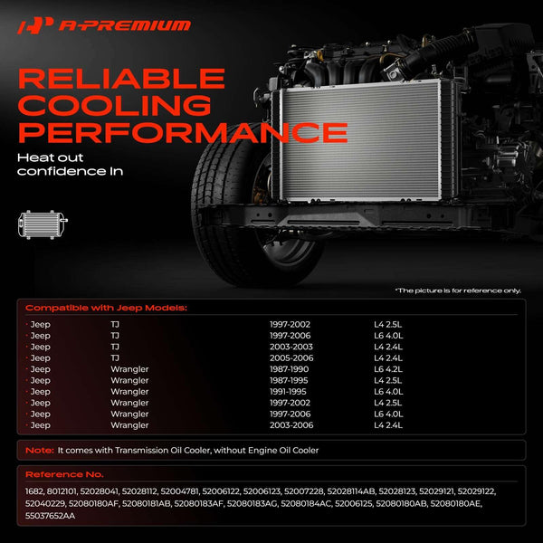 A-Premium Engine Coolant Radiator with Transmission Oil Cooler Compatible with Jeep Wrangler 87-95 97-06, TJ 97-06, 2.4L 2.5L 4.0L 4.2L, Automatic Transmission, Replace# 1682, 52080183AC