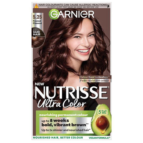 Garnier Nutrisse Ultra Color Hair Dye, Vegan, 5.25 Frosted Chestnut Brown. Provides 100% grey coverage and vibrant, long-lasting 8-week colour. No-ammonia, vegan for a beautiful frosted chestnut.