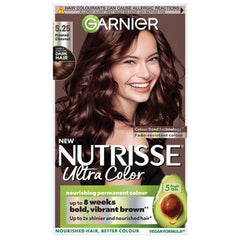 Garnier Nutrisse Ultra Color Hair Dye, Vegan, 5.25 Frosted Chestnut Brown. Provides 100% grey coverage and vibrant, long-lasting 8-week colour. No-ammonia, vegan for a beautiful frosted chestnut.