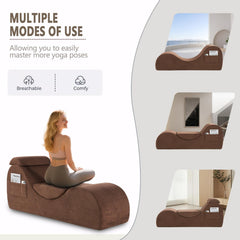 Yoga Chair Lounge for Adult, Ergonomic Chaise Lounge Chair with Side Pocket, Headrest, Waist Pad, Perfect for Stretching, Massage, and Relaxation, Used in Living Room, Bedroom（Brown）