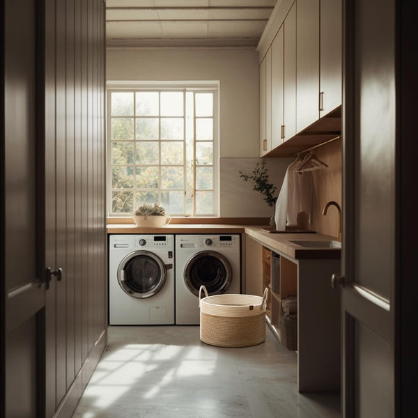 La Jolíe Muse Large Storage Basket - Cotton Rope Laundry Basket with Handle for Diaper Blanket Toy Towel Woven Laundry Basket Home Decor, White & Desert-S