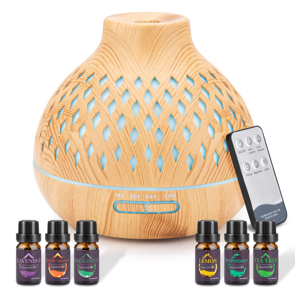 SPLITSKY 400ML Essential Oil Diffuser,Remote Control Aroma Diffuser with 6 Essential Oils Gift Set,Electric Scent Nebulizer Air Humidifier with 14 Colour Lights for home,bedroom