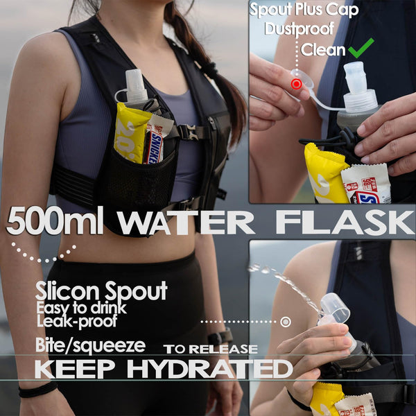 EGOO - LED Running Vest with Multi-Pockets for Men and Women, Lightweight Hydration Vest for Running & Outdoor Activities, Rechargeable LED Safety Light x2 + 500ml Soft Flask x1