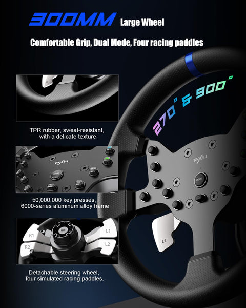 PXN V99 Gaming Steering Wheel, Driving Force Feedback Steering Wheel with Pedals and Shifter - 3.2NM, 270°&900°, 11.8 inch, 4 Paddle Shifters, Tools APP - Racing Steering Wheel for PC, Xbox and PS4
