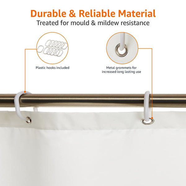 Amazon Basics Shower Curtain, Water and Mould Resistant Fabric Bathroom Curtain with Grommets & Hooks, Machine Washable, 180 x 180 cm, White