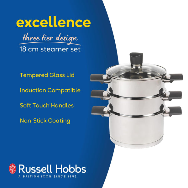 Russell Hobbs RH01170EU Excellence 3 Tier Steamer – 18 cm Cooking Pots with Tempered Glass Lid, Non-Stick Coating, Stainless Steel, Vegetable Steaming Pan, Induction Suitable, Soft Touch Handles