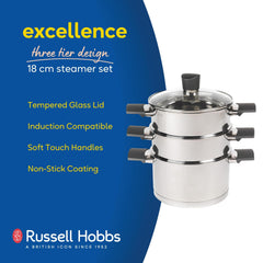 Russell Hobbs RH01170EU Excellence 3 Tier Steamer – 18 cm Cooking Pots with Tempered Glass Lid, Non-Stick Coating, Stainless Steel, Vegetable Steaming Pan, Induction Suitable, Soft Touch Handles