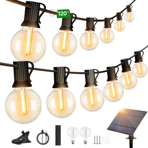 TORKASE 120FT Solar String Lights Outdoor with Remote, Commercial Grade Patio Lights with 50+2 Shatterproof G40 Globe LED Filament Bulbs, Dimmable Outside Edison Hanging Light for Backyard Party Decor