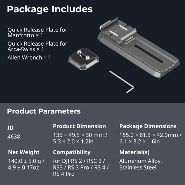 SMALLRIG Quick Release Plate Adapter for Manfrotto for DJI RS 2 / RSC 2 / RS3 / RS 3 Pro/RS 4 / RS 4 Pro, with Quick Release Plate for Arca-Swiss, HawkLock H38-4638