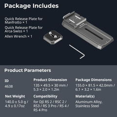 SMALLRIG Quick Release Plate Adapter for Manfrotto for DJI RS 2 / RSC 2 / RS3 / RS 3 Pro/RS 4 / RS 4 Pro, with Quick Release Plate for Arca-Swiss, HawkLock H38-4638