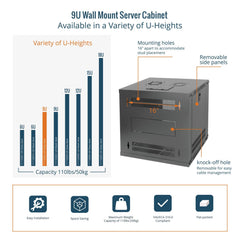 Tecmojo 9U 450mm Depth Wall Mount Server Cabinet IT Network Rack Enclosure Lockable Door and Side Panels Black, Standard Glass Door, for 19" IT Equipment, A/V Devices, Flat Package