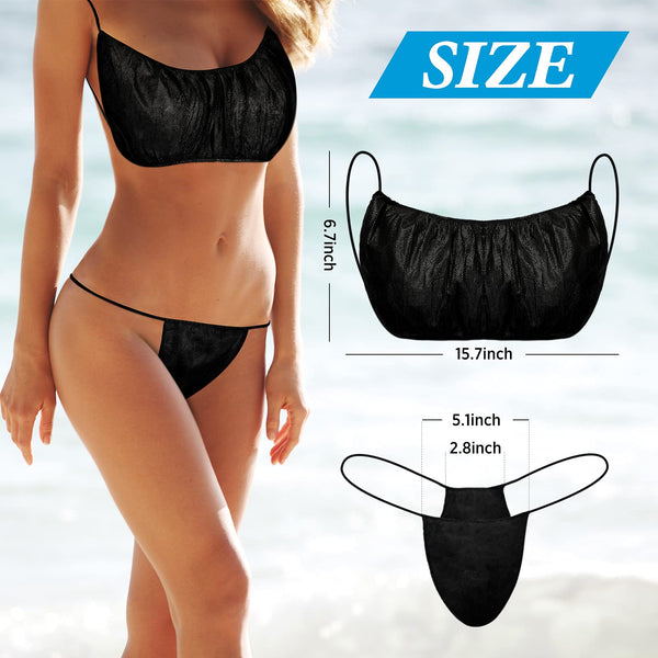 150 Pcs Disposable Bras and Panties Set Included 50 Pieces Bras 100 Pieces Thong for Women, Individually Wrapped, Black, M/L