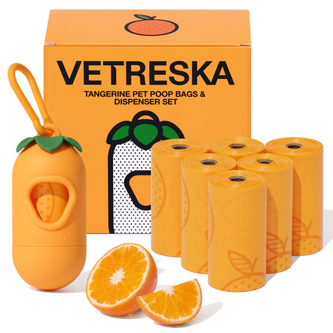 VETRESKA Orange Scented Dog Poop Bags with Holder - 105 Extra Thick & Large Leak Proof Pet Waste Bags | Refill Roll for Dog Walking, Cat Litter | Strong, Long-Lasting Fresh Scent Poo Bags, Orange