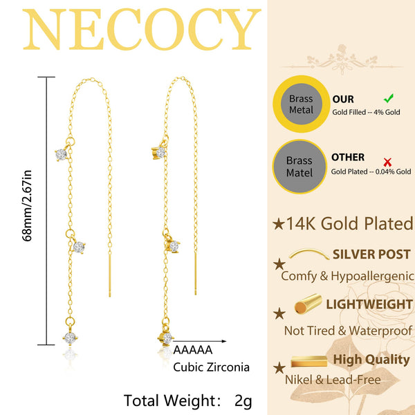 NECOCY Dangle Earrings for Women Dainty Long Hanging Gold/Silver Chain Earrings Trendy Hypoallergenic Dangling CZ/Pearl Threader Earrings for Women Jewelry, Yellow Gold, Cubic Zirconia