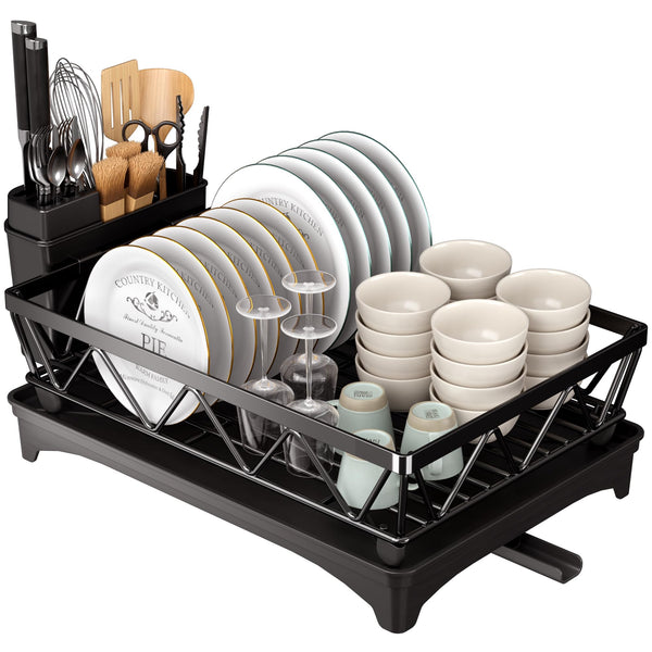 PKBD 1 Tier Large Dish Drying Rack with Drip Tray, Detachable Dish Drainer Rack with Swivel Drainage Spout, Cutting-Board Holder, Cup Holder, Organize Shelf with Utensil Holder Set, Black