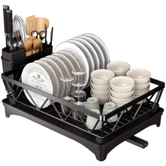 PKBD 1 Tier Large Dish Drying Rack with Drip Tray, Detachable Dish Drainer Rack with Swivel Drainage Spout, Cutting-Board Holder, Cup Holder, Organize Shelf with Utensil Holder Set, Black