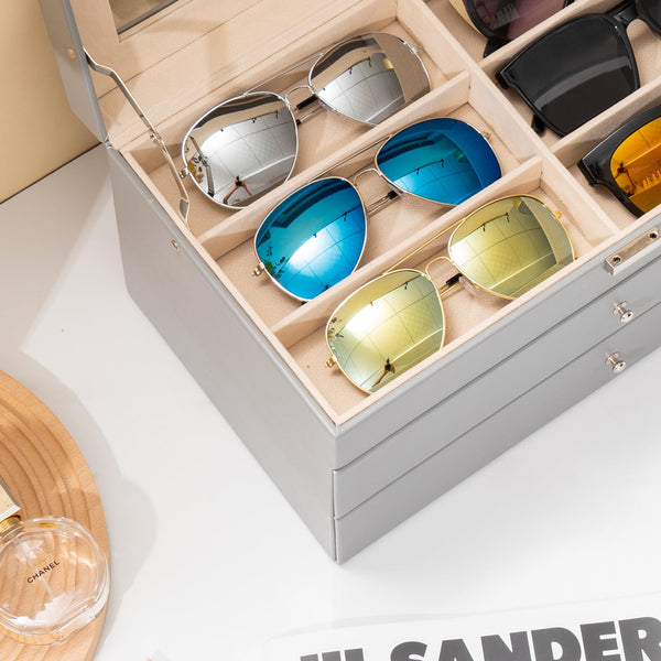 ProCase 3-layer Sunglasses Storage Organizer, 18 Slots Leather Sunglass Box Multiple Pairs Eyeglass Cases Eye Glass Eyewear Display Holder for Men Women -Grey