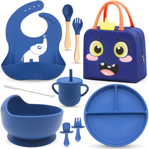 Zestify 10 Pcs Baby Weaning Set with Portable Lunch Bag | Silicone Feeding Essential | Bib, Sippy Cup, Fork, Spoon & Bowl | Microwave & Dishwasher Safe Baby Feeding Set | Ideal Baby Gift | Dark Blue